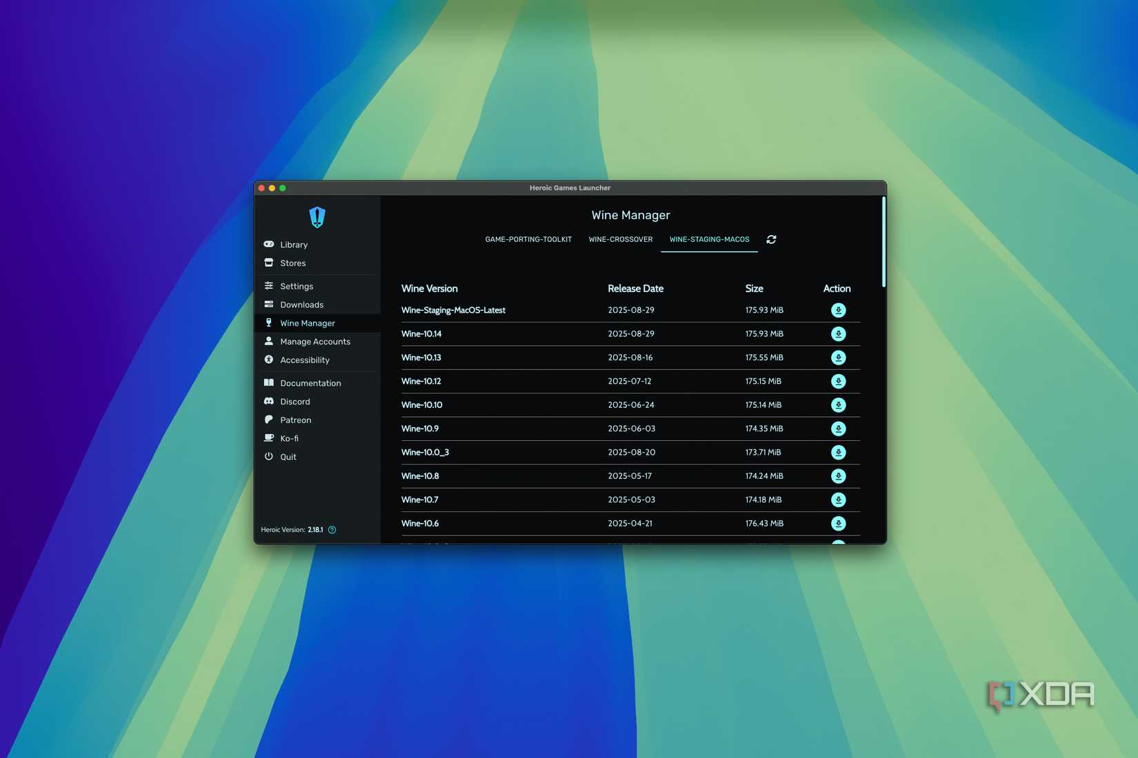 Screenshot of Heroic Games Launcher on macOS showing options to choose a version of Wine to play games