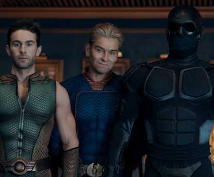 Homelander, Black Noir 2, and The Deep standing together in The Boys.