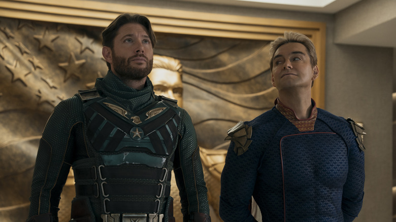 Homelander looking up at his dad, Soldier Boy, like a little boy showing off his toys in The Boys