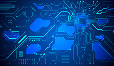 Abstract circuit board technology connected blue lines with electronics elements computer motherboard chip processor semiconductor digital background. Hi-tech digital technology concept