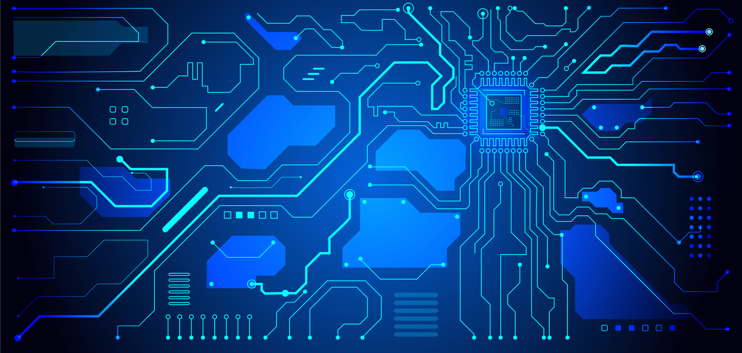 Abstract circuit board technology connected blue lines with electronics elements computer motherboard chip processor semiconductor digital background. Hi-tech digital technology concept