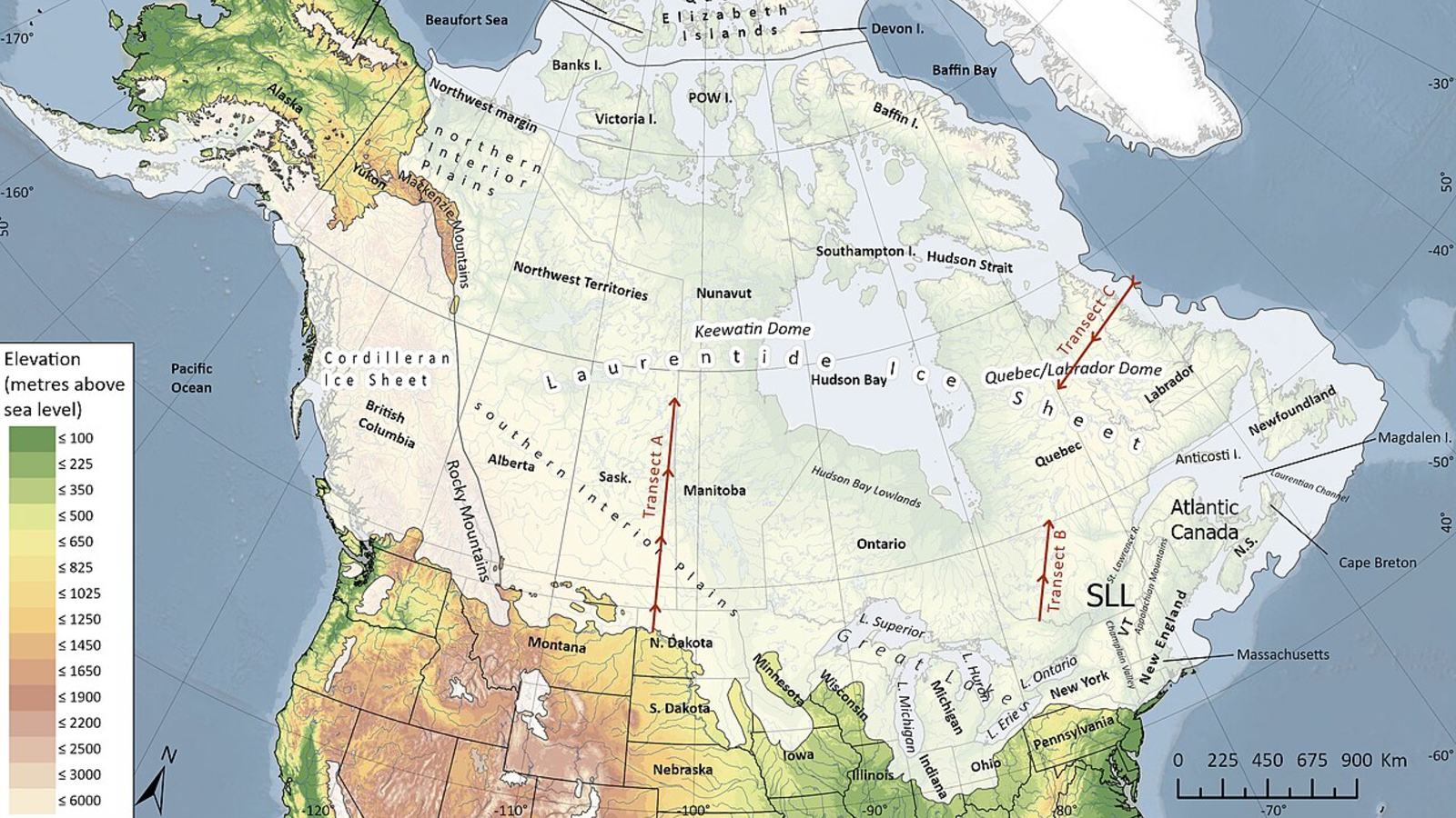 A map of North America showing where the Laurentide Ice Sheet was located