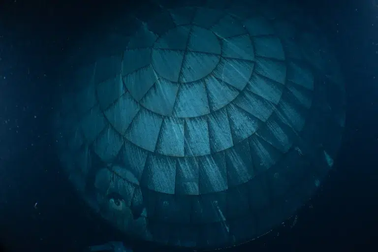 Shortly after Artemis II splashdown on Friday, April 10, 2026, U.S. Navy divers captured underwater imagery of the Orion spacecraft’s heat shield.
Credit: U.S. Navy