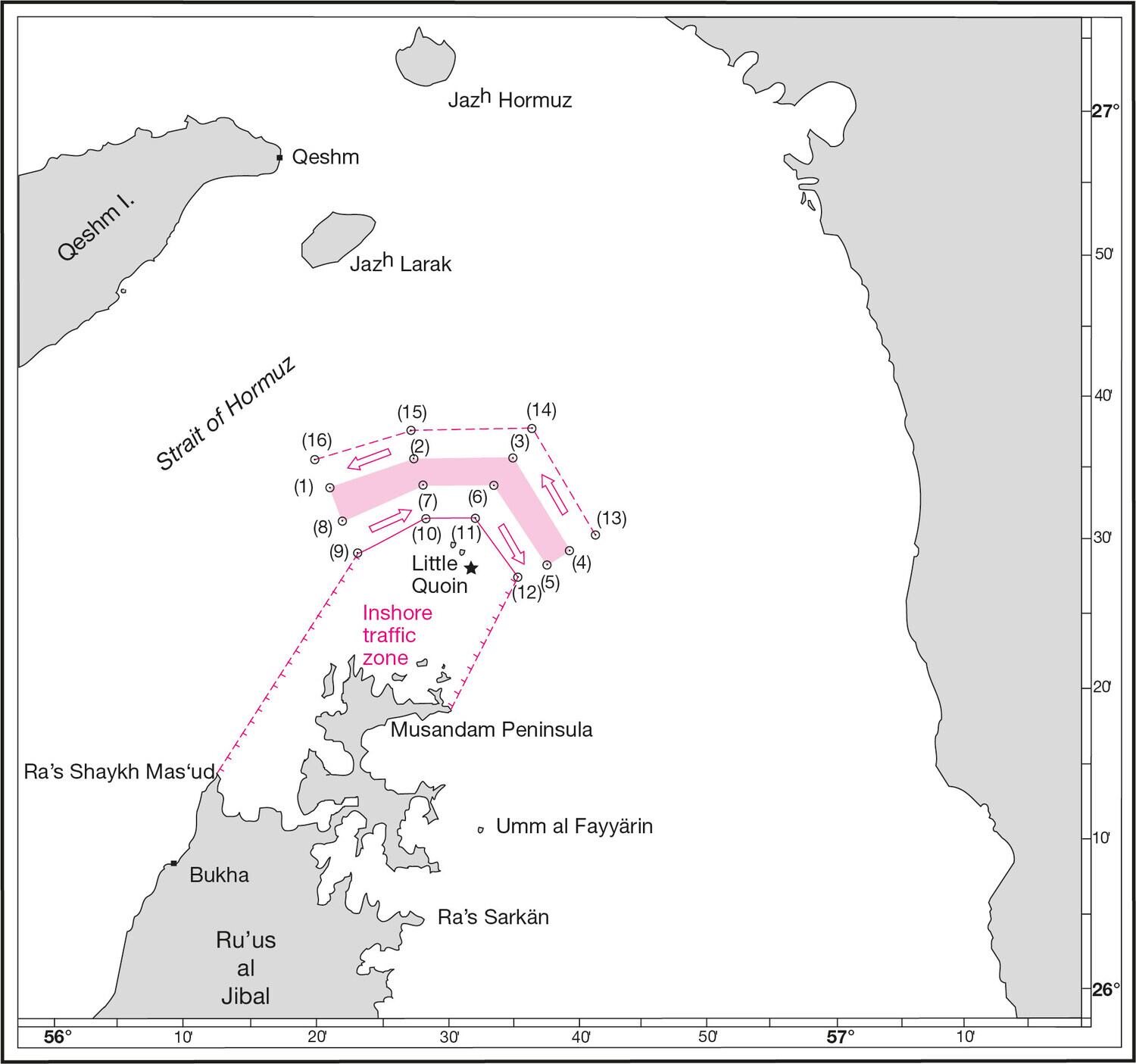 Vessels follow an internationally agreed route through the Strait of Hormuz. Map showing the Traffic Separation Scheme in the Strait of Hormuz, detailing shipping lanes, traffic zones, and key geographical locations like Qeshm Island and the Musandam Peninsula.