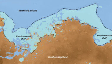 Illustration taken from orbiter data identifying the coastal shelf region on Mars; analogous features on Earth are signatures of our global oceans, and only form over long periods of time. Image credit: A. Zaki.