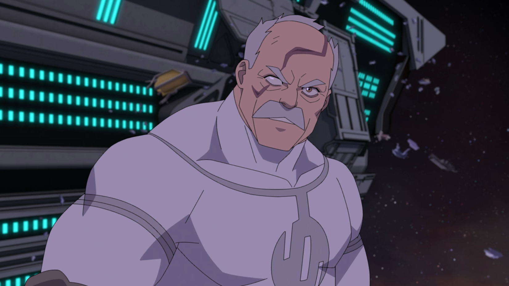 Conquest looking at Mark and Bolan while in space with a ship behind him in Invincible season 4