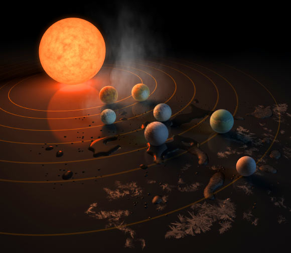 This artist’s impression displays TRAPPIST-1 and its planets reflected in a surface. Image credit: NASA / R. Hurt / T. Pyle.