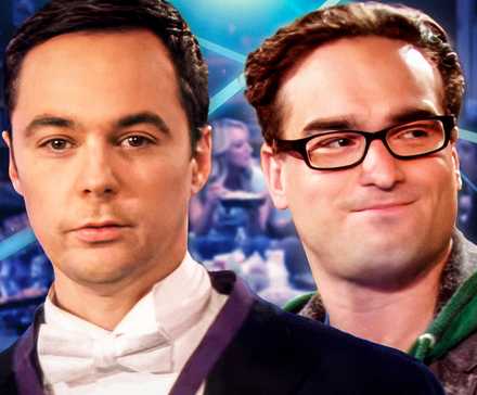 A custom image features Sheldon and Leonard of the Big Bang Theory over a still of the cast dining together