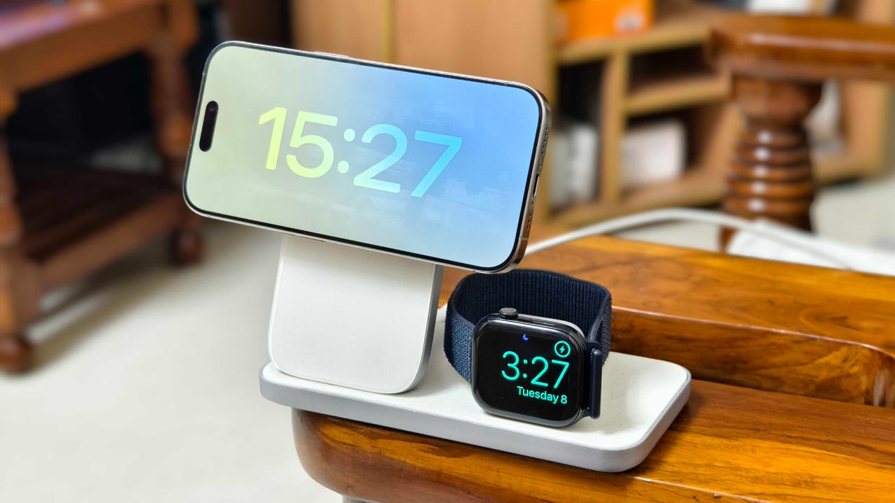 iPhone 16 Pro and Apple Watch Series 10 charging on Nomad Stand One Max.