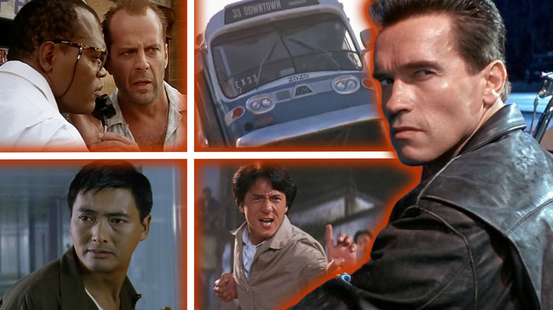 Arnold Schwarzenegger in Terminator 2 next to shots of Die Hard with a Vengeance, Speed, Hard Boiled, and Police Story 3