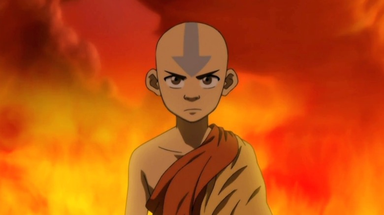 Aang standing amid flames on Avatar: The Last Airbender S3E20