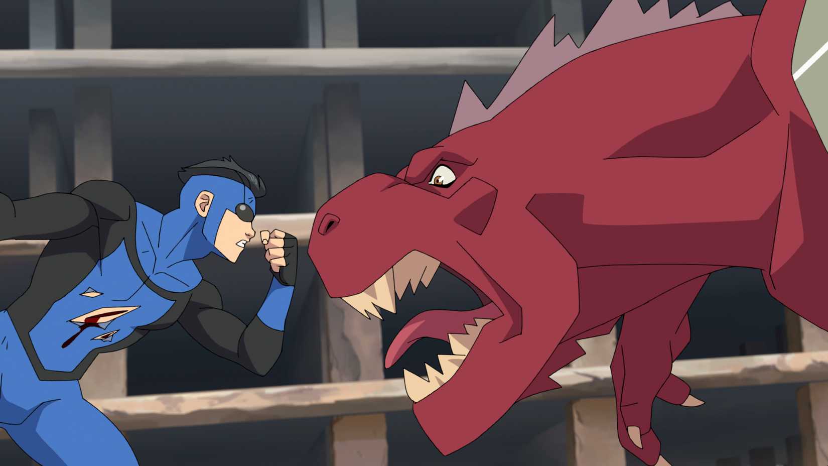 Invincible fighting Dinosaurus in season 4