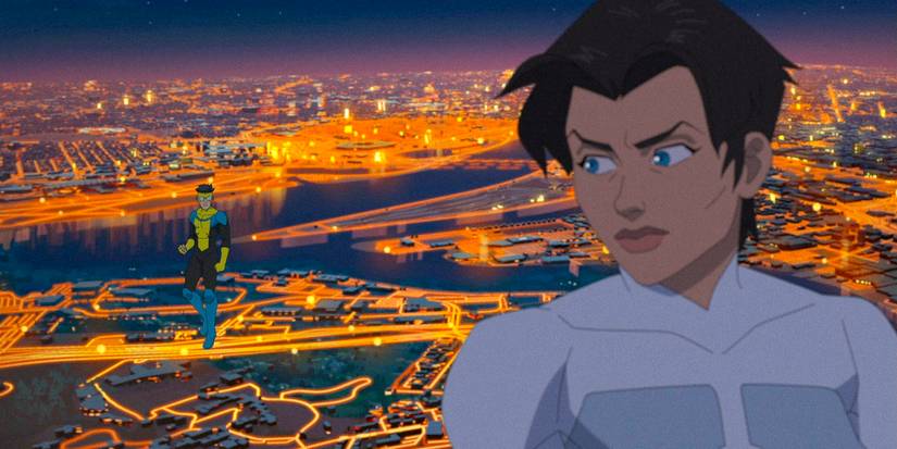 Anissa glancing sideways at Invincible as they float over the city at night in Invincible season 2 ep 7