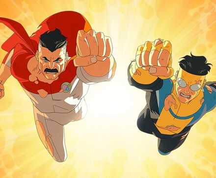 Invincible season 4 poster with Mark and Omni-Man flying in front of a fiery background