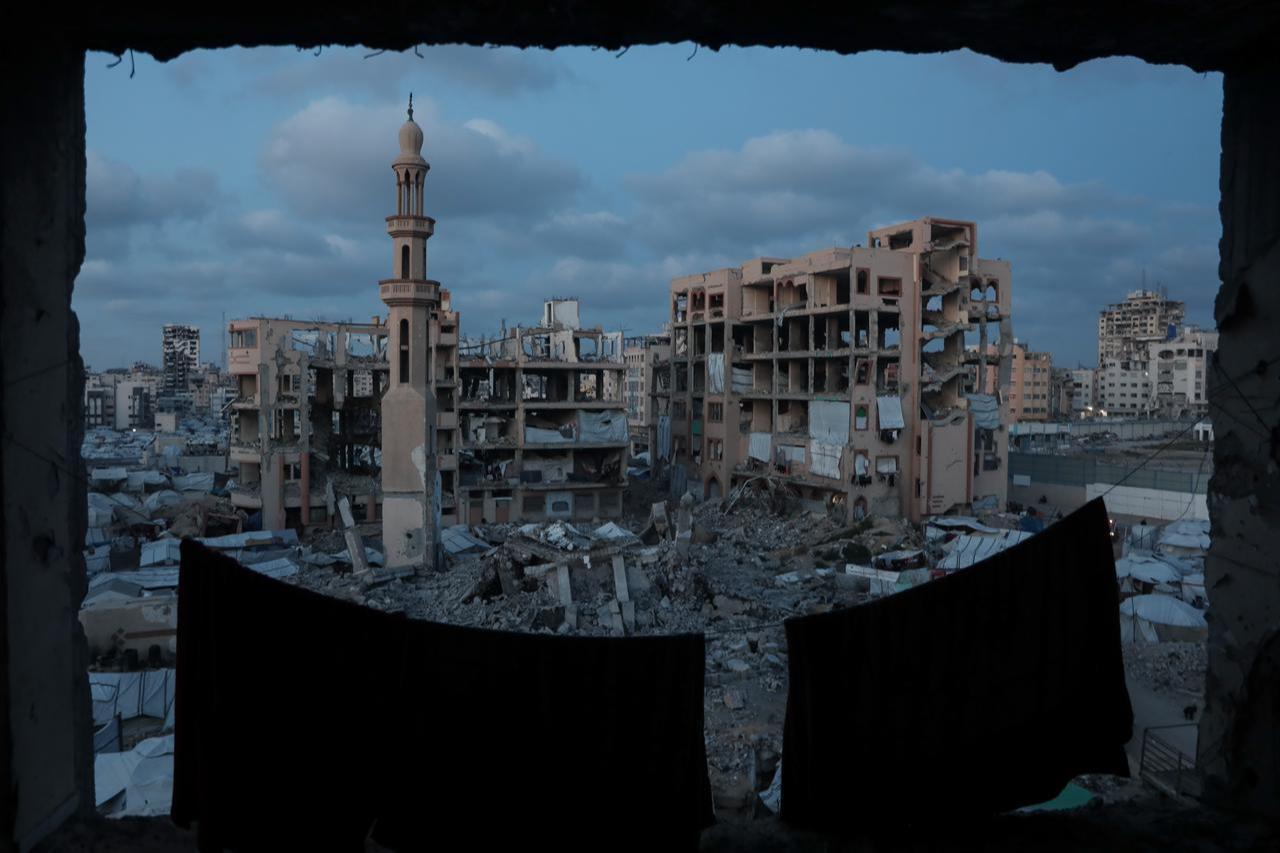Displaced Palestinian families live in makeshift tents and damaged buildings within the campus of the Islamic University of Gaza in Gaza City, Gaza, Palestine, April 12, 2026. (AA Photo)