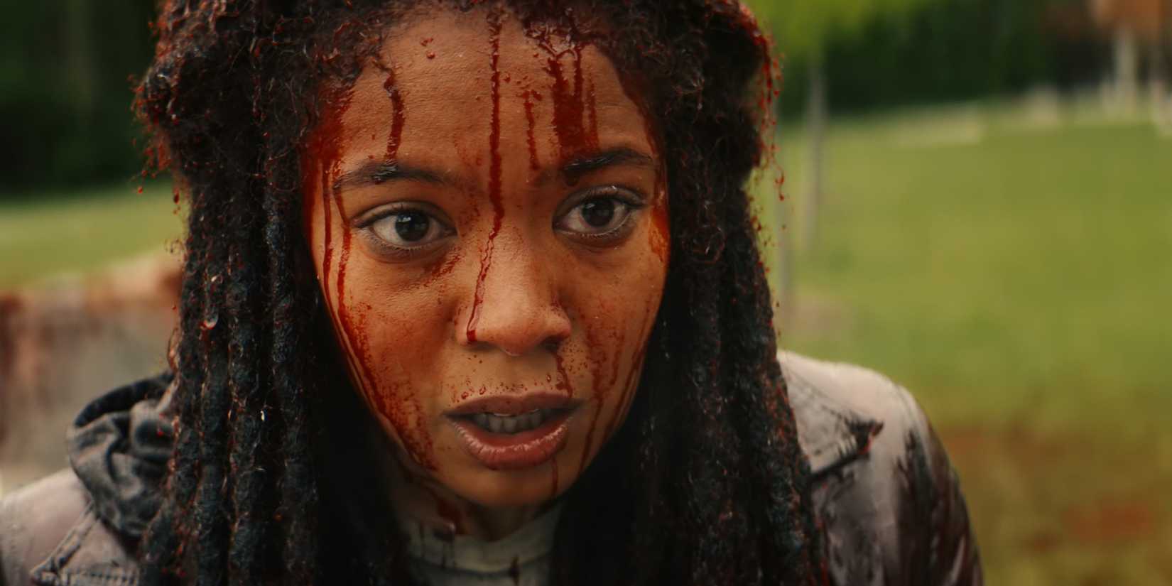 Jaz Sinclair as Marie in Gen V looking concerned while covered in blood