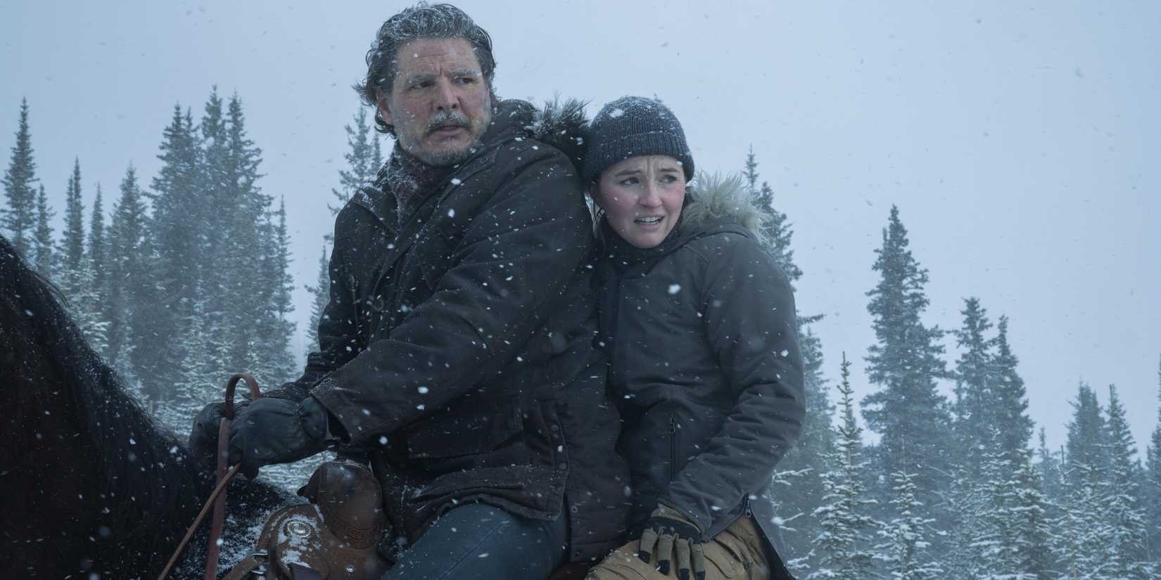 Joel And Abby Riding A Horse In The Snow In The Last Of Us Season 2