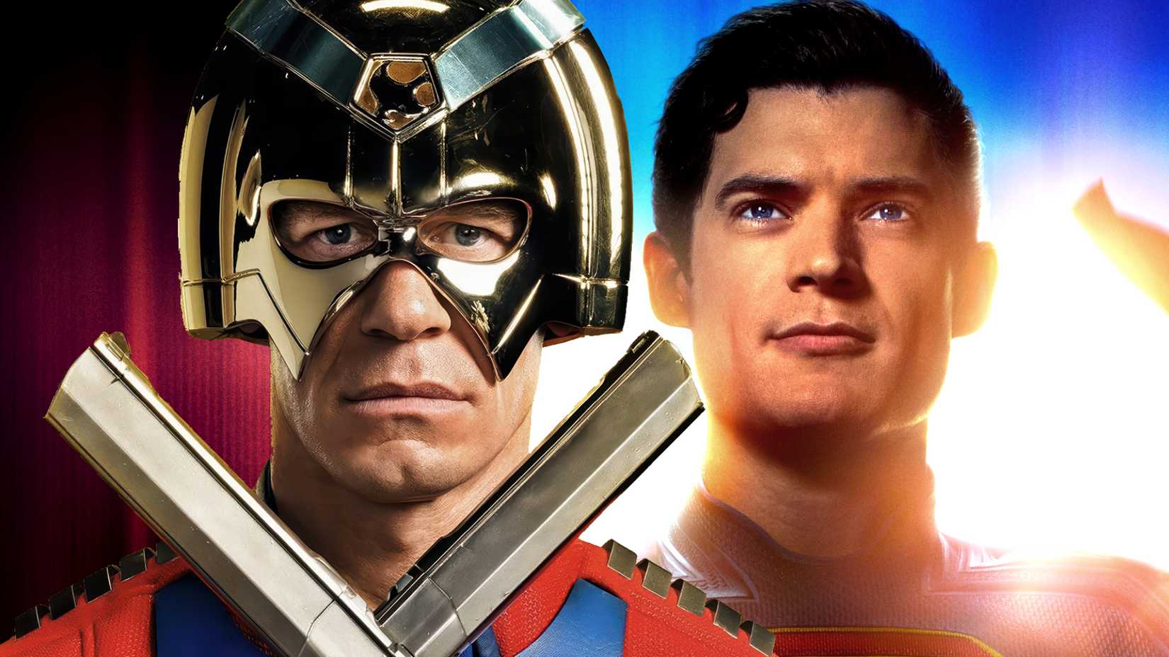 John Cena's Peacemaker crosses his guns next to David Corenswet's Superman in James Gunn's DCU