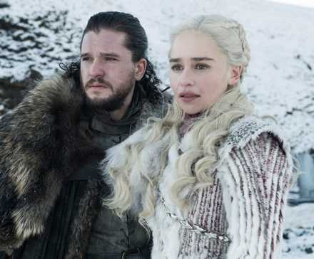 Jon Snow and Daenerys Targaryen standing in a snowy field in Game of Thrones season 8