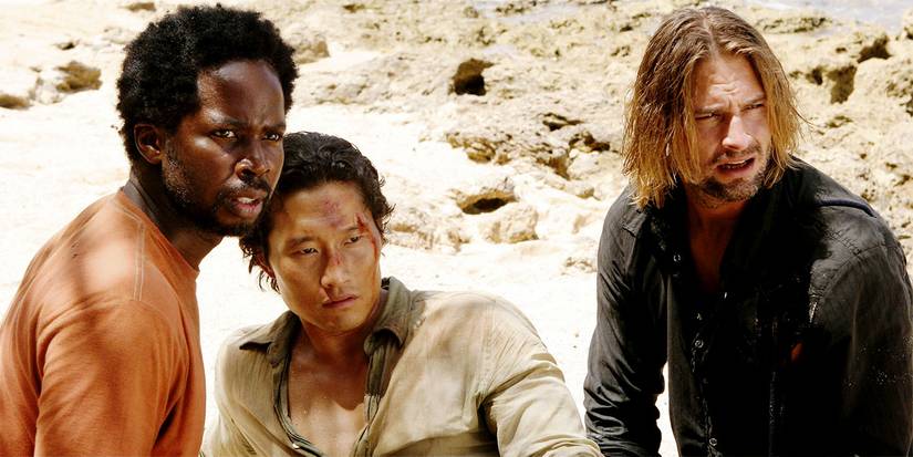 Josh Holloway, Daniel Dae Kim and Harold Perrineau on the beach in Lost
