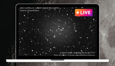 laptop screen showing live stream view of artemis 2 against background stars.