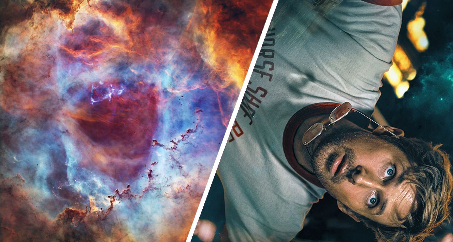 A two-panel image with a nebula colorful deep space nebula astrophoto on the left and a scene from the movie 'Project Hail Mary' featuring Ryan Gosling on the right with a white divide.