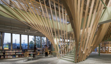 kengo kuma sculpts radiating hinoki louvres throughout chikujō library