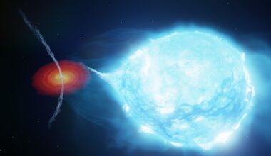 Illustration of a black hole with bent jets pulling stellar material away from a giant blue star