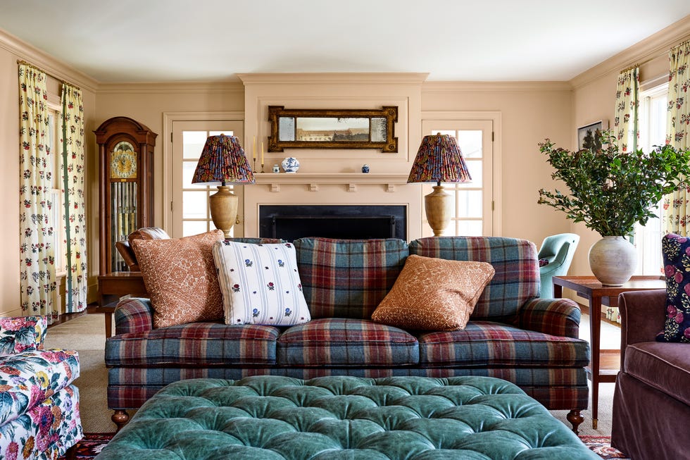 a plaid sofa in a 1780s farmhouse in maryland designed by washington, d.c. based designer, cameron ruppert.
