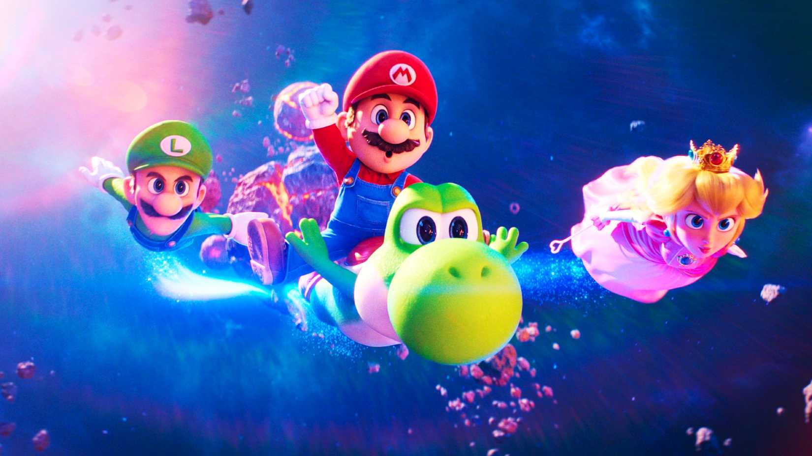 Luigi Mario Yoshi and Princess Peach flying through space in The Super Mario Galaxy Movie