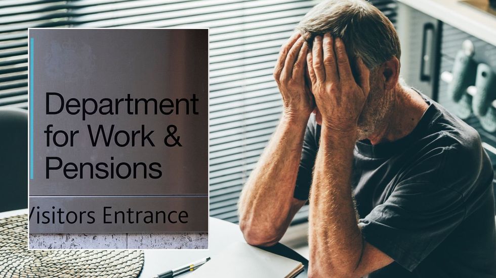 Man looking sad and DWP sign