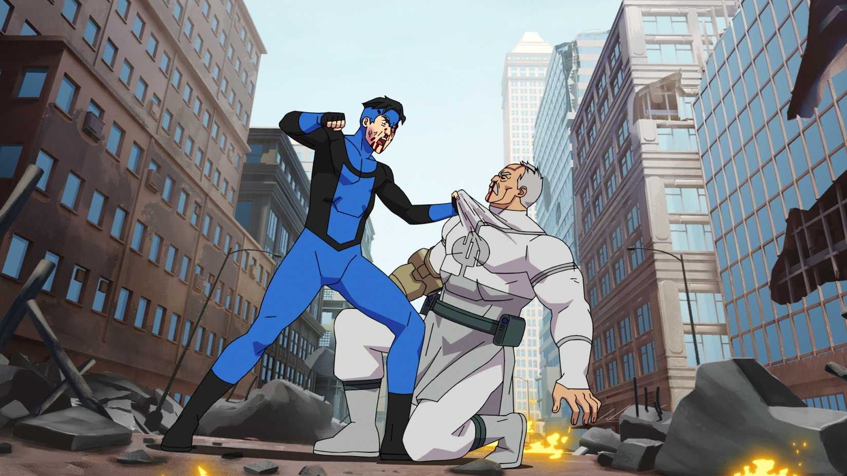 Mark Grayson holding Conquest and getting ready to punch him in Invincible