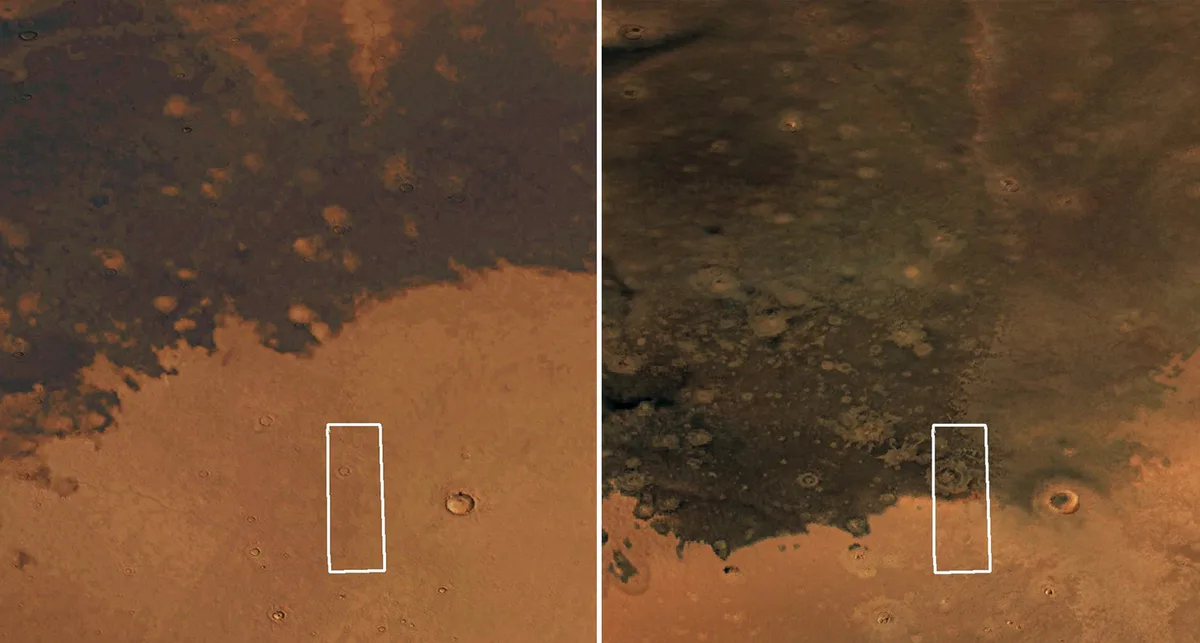Two images showing how the same region of Mars has become more covered in ancient dark ash over a period of about 50 years. The left image was captured by NASA's Viking orbiters in 1976, the right image by ESA's Mars Express orbiter in 2024.  The white box outlines a region images by the High Resolution Stereo Camera on ESA's Mars Express mission in 2024. Credit: NASA
