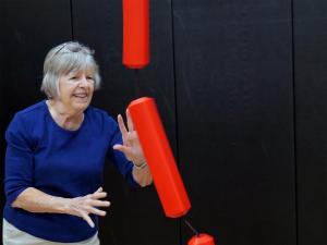 This senior woman practices reacting to the Jukestir’s unpredictable movement—building surprise-based coordination, balance, and reflexes to help reduce fall risk.