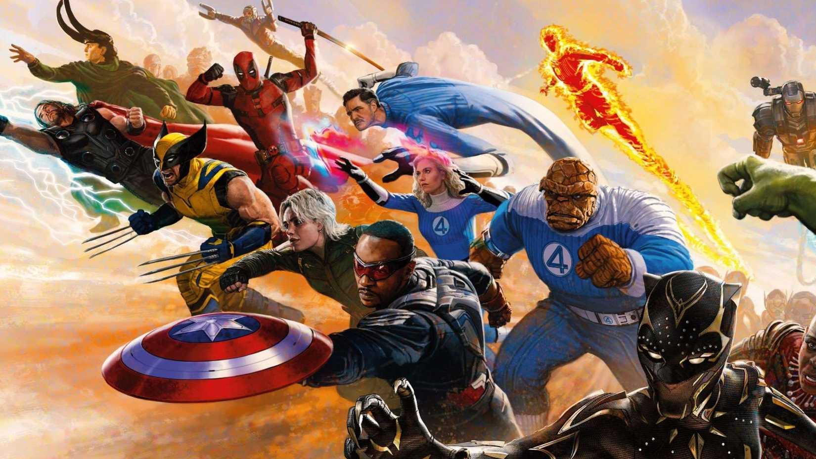MCU art of Thor, Loki, Wolverine, Deadpool, Star-Lord, Yelena, Captain America, the Fantastic Four, and Shuri