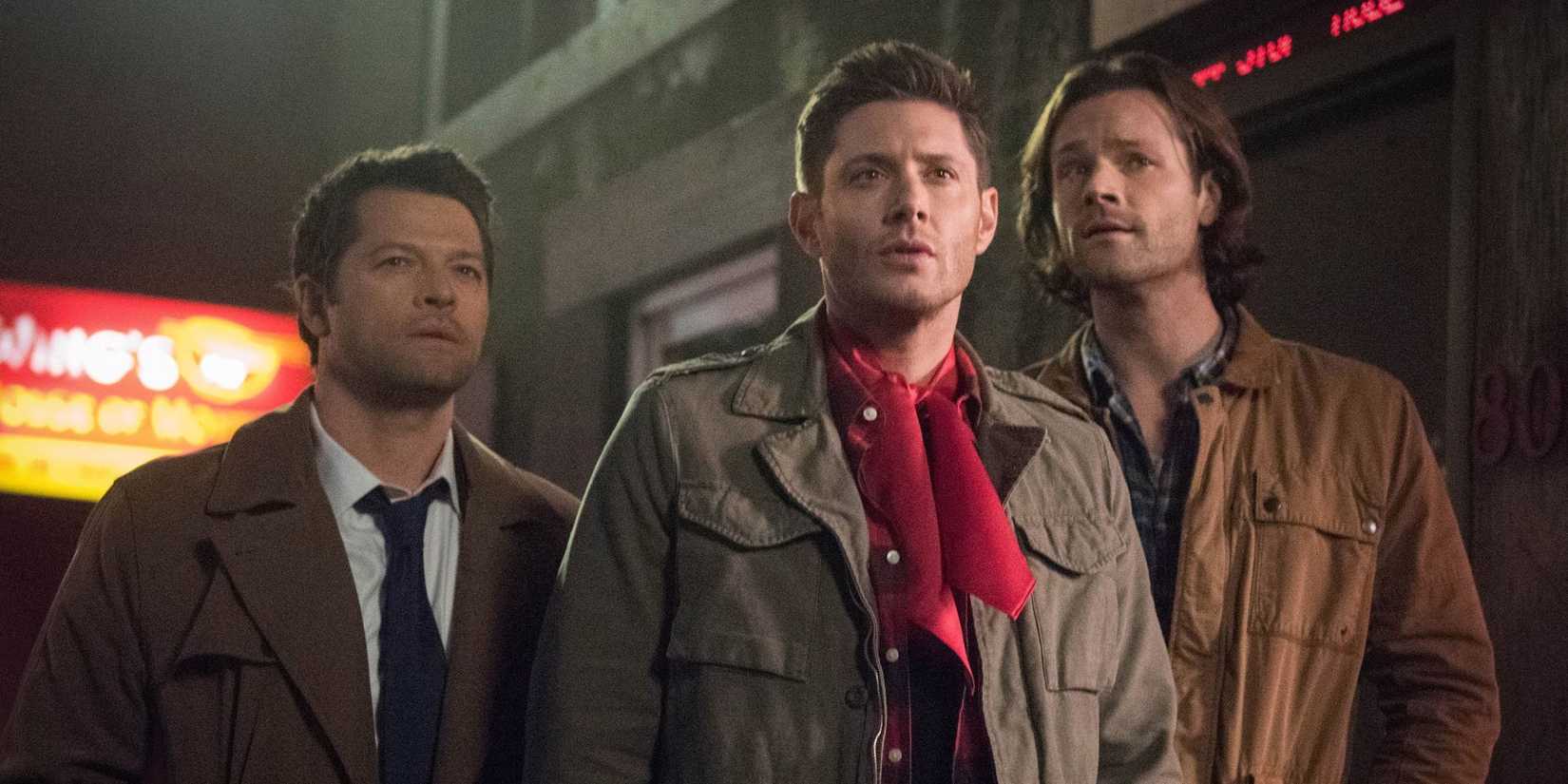 Misha Collins, Jensen Ackles, and Jared Padalecki as Castiel, Dean Winchester, and Sam Winchester in Supernatural