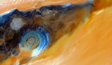 Astronaut view of the Richat Structure, or Eye of the Sahara, showing concentric rings in the Mauritanian desert