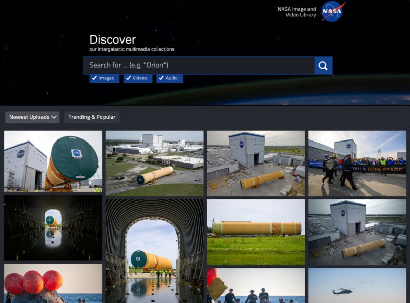 Screenshot of the NASA Image and Video Library homepage, showing a search bar, filter options for images, videos, and audio, and thumbnails of NASA spacecraft and equipment under "Newest Uploads" and "Trending & Popular.