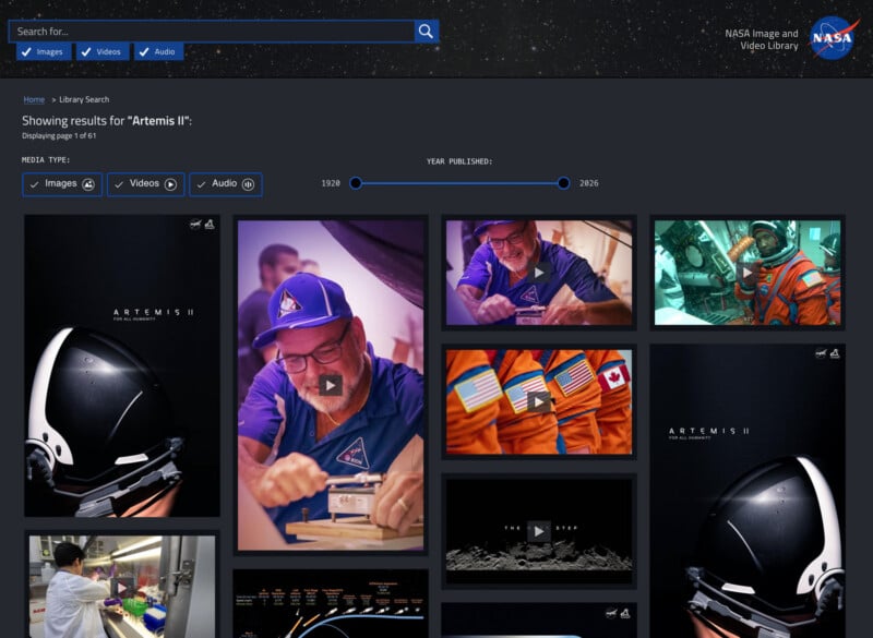 A NASA image library search for "Artemis II" displays photos and videos, including people in blue uniforms, astronauts in orange suits, space helmets, mission patches, and the Artemis II logo.