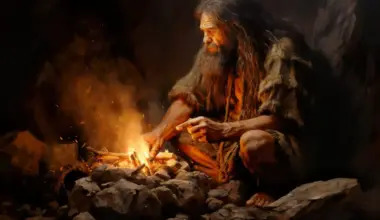 Early Homo sapien making fire with primitive tools in a cave, illustrating human evolution and survival skills.