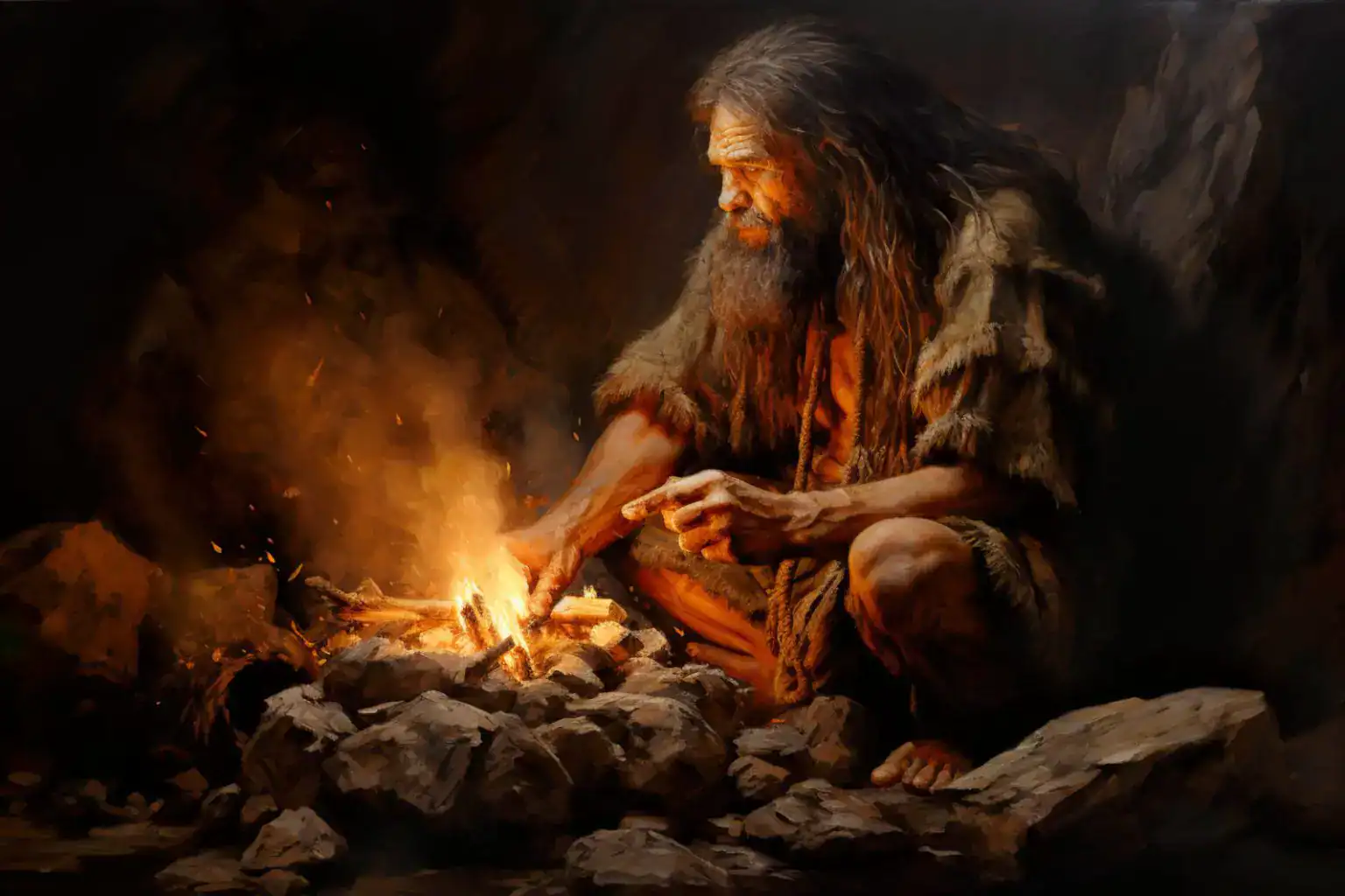 Early Homo sapien making fire with primitive tools in a cave, illustrating human evolution and survival skills.