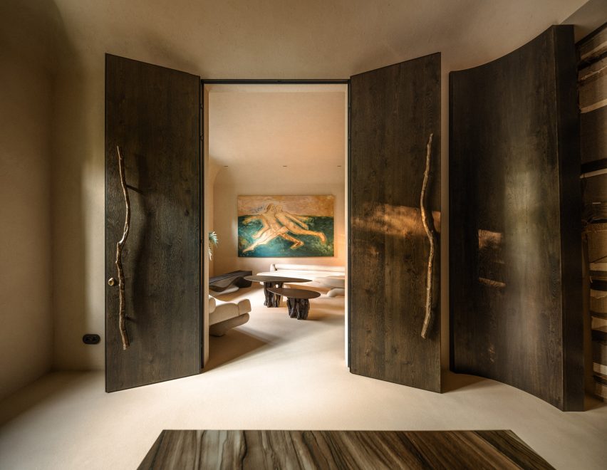 Reception area with sculptural furniture