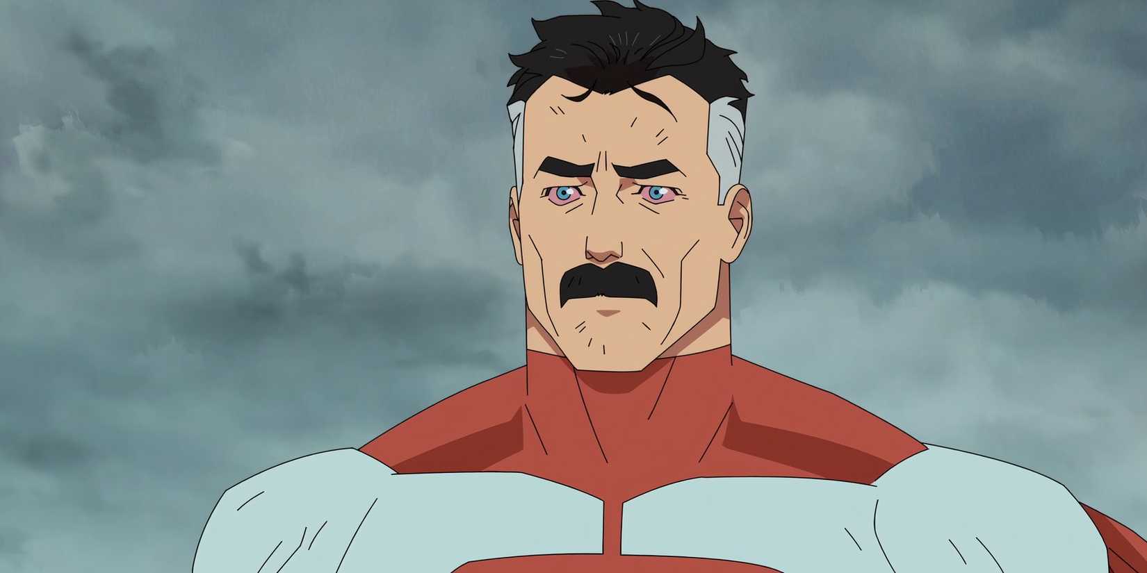 Omni-Man looking straight ahead with bloodshot eyes in Invincible