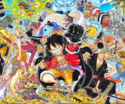 One Piece's Luffy with fist raised emerging from background of characters, objects, and treasures