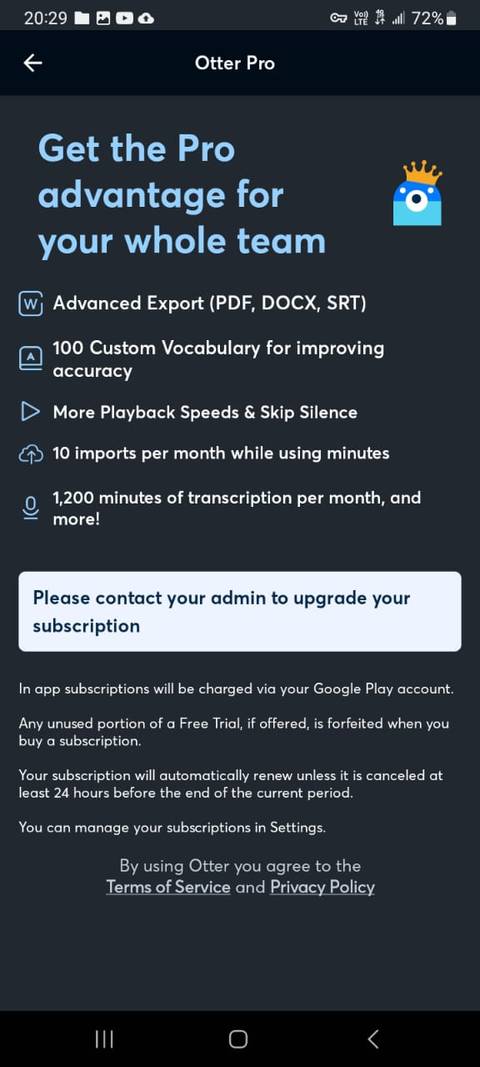 Otter subscription menu