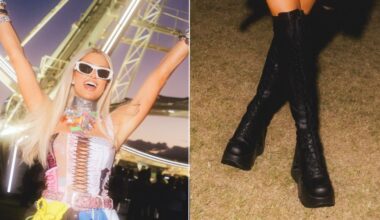 Paris Hilton in Demonia Rude Awakening Platform Boots at Coachella Day 1 on Friday night.