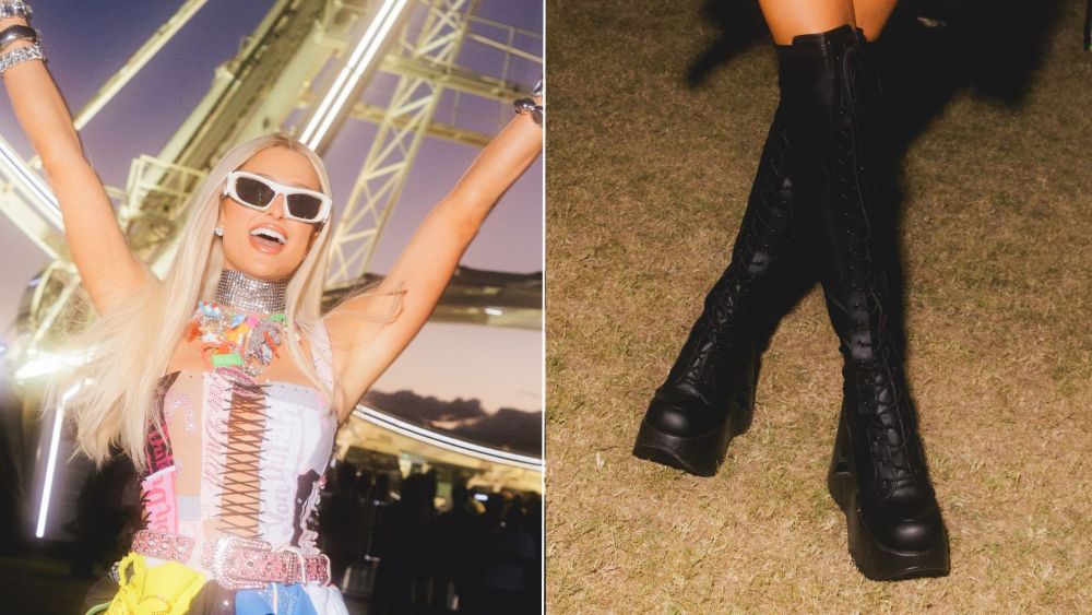 Paris Hilton in Demonia Rude Awakening Platform Boots at Coachella Day 1 on Friday night.