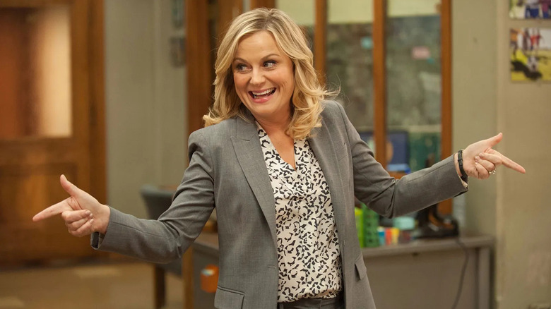Leslie Knope making finger guns in Parks and Recreation