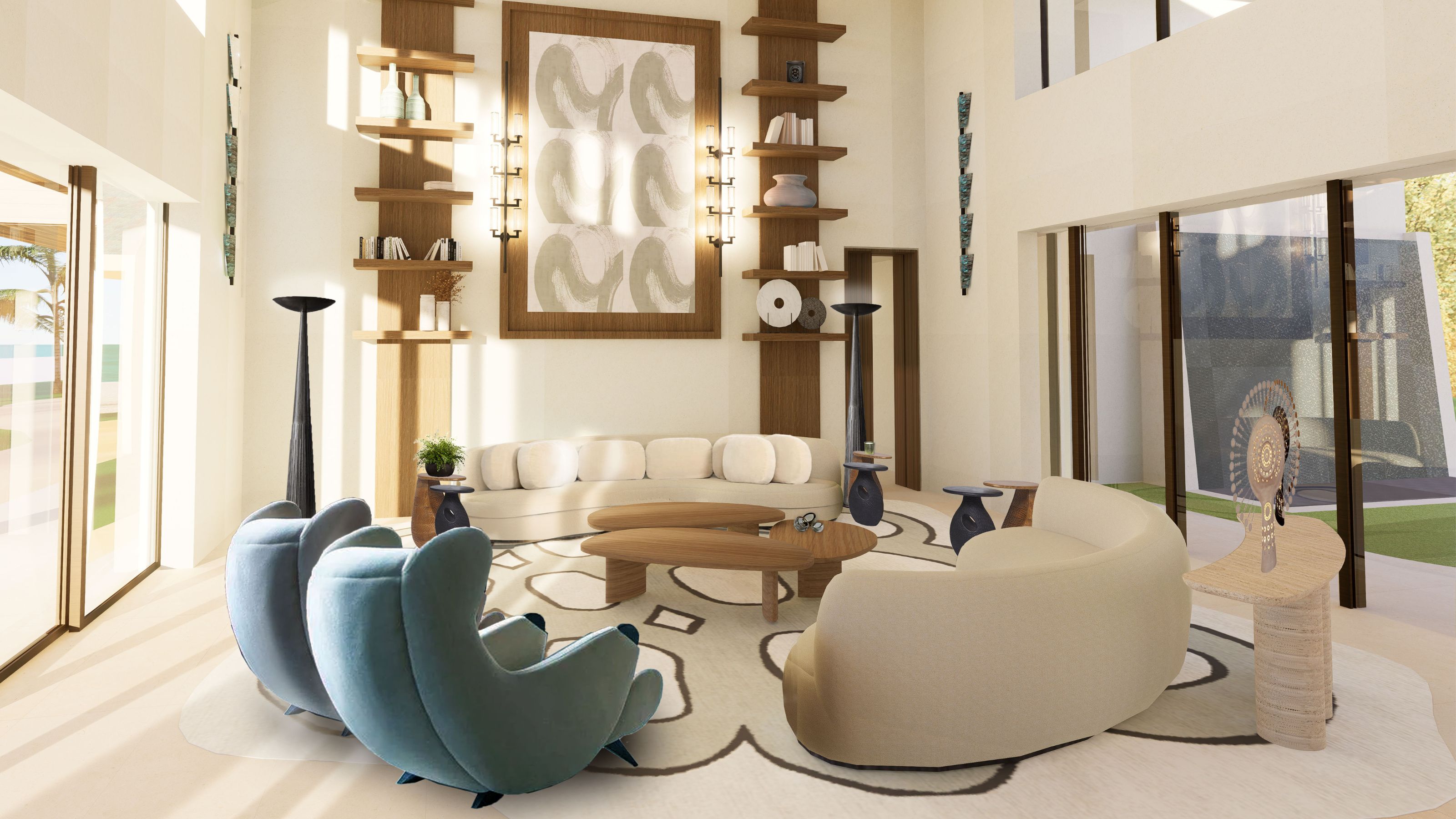 A side-by-side composition. On the left, a portrait of designer Lucy Goldbart standing in a stylish interior. On the right, a vertical view of a luxury living room featuring soaring ceilings with a woven texture, a large central art piece, and sculptural furniture in soft cream and bold teal tones.