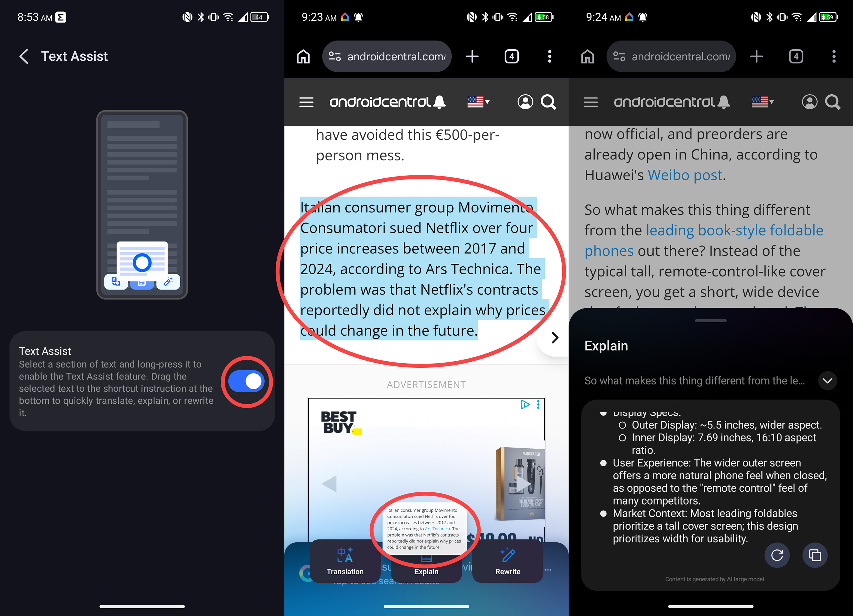 Using the Text Assist feature on a TCL NXTPAPER 70 Pro to further explain a paragraph from an Android Central article